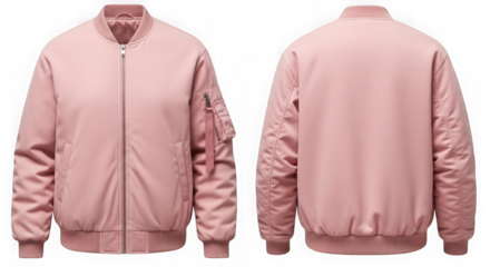 Pink bomber jacket, front and back view isolated on transparent background