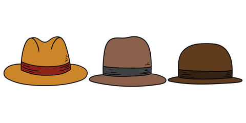 Hand-drawn cartoon set of brown hats on a white background.