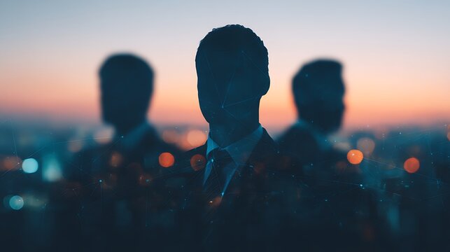 Silhouettes of three men against a sunset backdrop, blending business and technology with an abstract digital overlay.