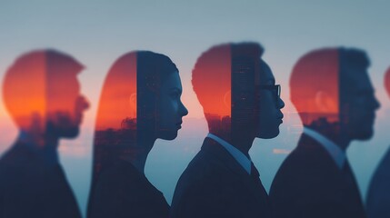 Silhouettes of diverse professionals against a sunset backdrop, symbolizing teamwork and ambition in a corporate setting.
