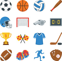 A collection of various sports equipment, gear, and symbols on a white background.
