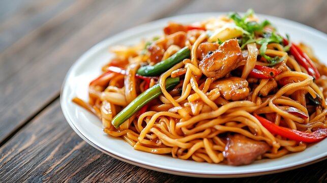Delicious chicken lo mein with fresh vibrant vegetables, perfect for a quick and satisfying meal at home or in a restaurant setting