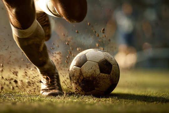 A blurred action shot of a soccer ball being kicked, with grass flying, capturing intense movement and force.