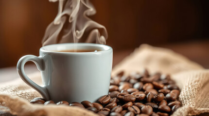 Obraz premium Tazza di caffè fumante su sacco di juta con chicchi sparsi. Generative AI