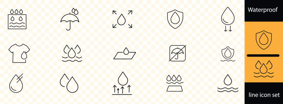 Waterproof, line icon set no water, faucet, drops, clean water, hydrated skin, save water, water cycle, waves, droplet sign.