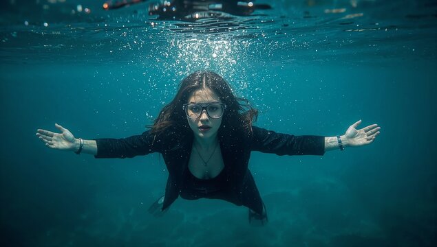 Business woman working underwater in professional setting