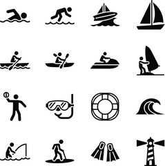 A comprehensive collection of black and white icons depicting various water sports, leisure activities, and related objects.