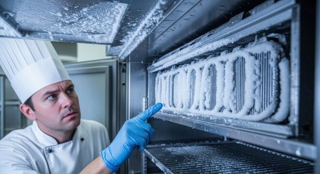 Chef Inspecting Frozen Coils in Commercial Kitchen Equipment - Powered by Adobe