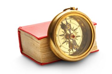Red closed book with retro compass