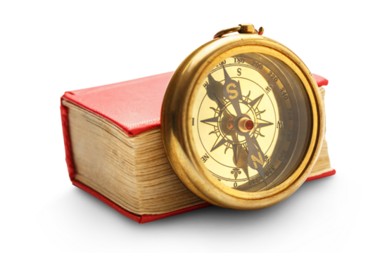 Red closed book with retro compass