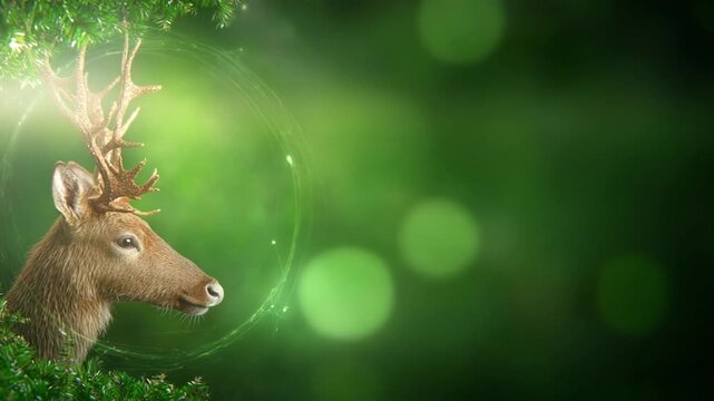 Deer's Majestic Aura: A graceful deer with prominent antlers embodies the spirit of the wilderness, standing proud within the verdant embrace of nature, illuminated by a gentle spotlight.