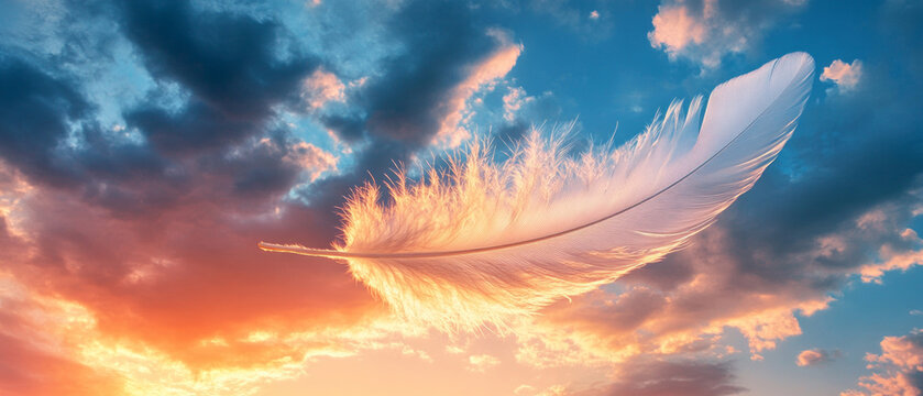 A feather floating against the backdrop of the sunset and clouds symbolises freedom and lightness, and would be perfect as an artistic background for motivational posters or covers of self-help books.