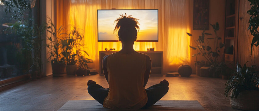 The silhouette of a person meditating in front of a screen with a sunset creates an atmosphere of peace and harmony, which is ideal as an atmospheric background for relaxation apps or yoga studios.