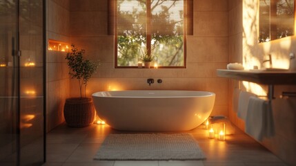 A cosy bathroom with lit candles, stylish interior and a large window would be an ideal backdrop for advertising spa services or design solutions.