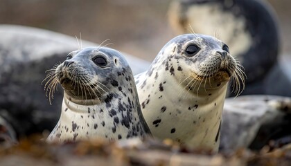 Two seals with spotted fur, gazing upwards with curious expressions. The background shows blurred seals