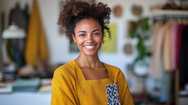 A smiling woman in a yellow jumper against a backdrop of a creative space with clothes and plants creates a friendly background for fashion blogs or creative workshops.