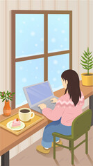 Woman working from home on laptop by the window in winter illustration
