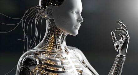 A detailed view of a futuristic female android with an exposed transparent body revealing intricate golden mechanics and wiring, looking thoughtfully at her hand. AI and humanity concept.