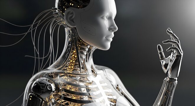 A detailed view of a futuristic female android with an exposed transparent body revealing intricate golden mechanics and wiring, looking thoughtfully at her hand. AI and humanity concept.