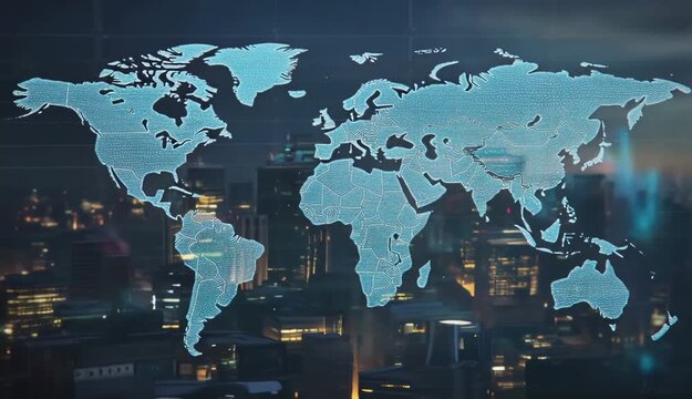 Digital world map overlay on a futuristic cityscape at night, symbolizing global connectivity and technology - Powered by Adobe