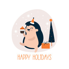 Cheerful hedgehog with a gift and a Christmas tree. A hand-lettered Christmas card.