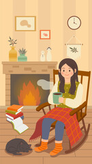 Woman relaxing at home by a cozy fireplace in winter