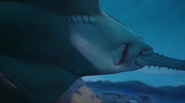 Sawfish swimming gracefully in clear blue water near rocky coral formations