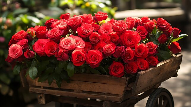 Elegant display of vibrant red roses overflowing from rustic wooden cart, perfect for Valentine's Day, anniversaries, or romantic gestures