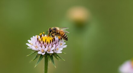 Honey bee on a flower with blur green background 