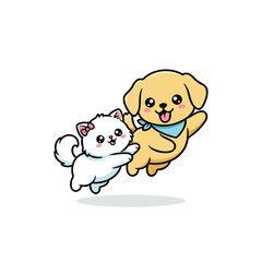 Fototapeta premium Cute cartoon dog and cat playing together cheerfully