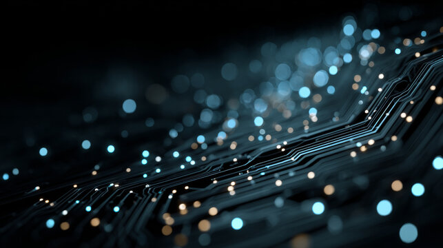 Futuristic circuit board with glowing lights creates minimal and clean cyber aesthetic