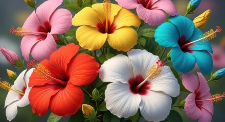 A vibrant closeup of a bouquet of colorful hibiscus flowers in various shades of pink, yellow, red, white, and blue