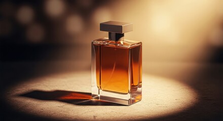Luxurious amber perfume bottle with a modern design, elegantly lit with dramatic spotlight and bokeh background