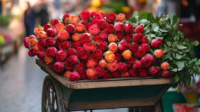 Stunning bouquet of roses at outdoor flower market ready for Valentine's Day gifts and romantic gestures, perfect for love and celebrations