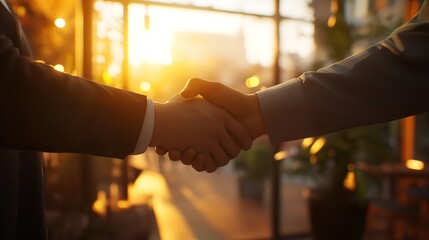 Close up of a handshake between two business people in a modern office with sunlight coming through the window