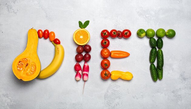  word Diet spelled out using fresh vegetabes and fruits