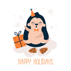 Christmas card with a cute hedgehog and gifts on a light background.