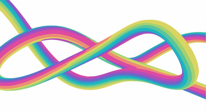 Vibrant, abstract 3D fluid rainbow line art background with a flowing, wavy ribbon loop design and blended gradient colors on a clean white background