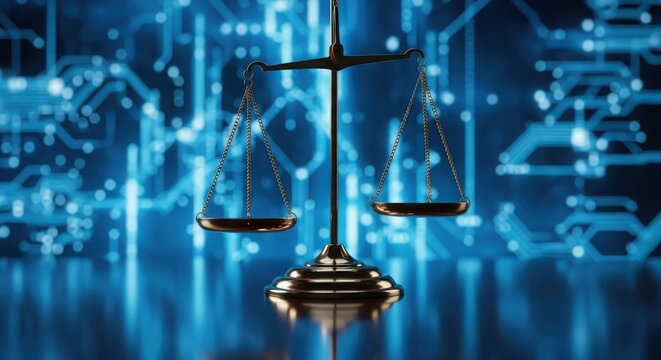 Symbol of justice, the scales of justice balanced against a backdrop of glowing blue digital circuits, representing law and technology