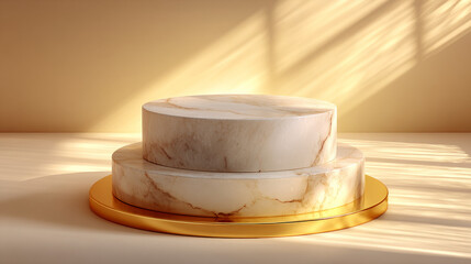 Marble pedestal display with golden base in warm sunlight, creating luxurious and minimal aesthetic