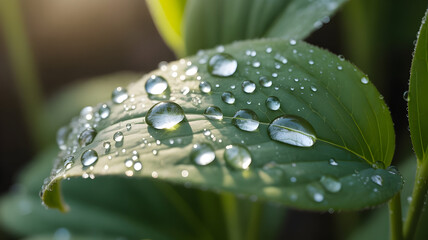 Green leaf illustration adorned with glistening water droplets reflecting morning sunlight and natural beauty