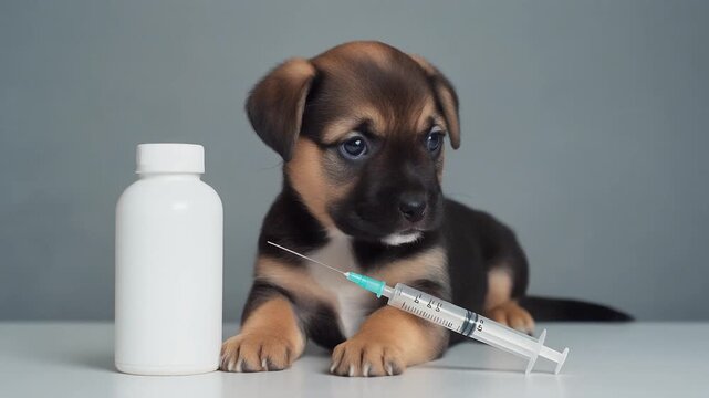 A puppy next to a bottle and a syringe on a table.