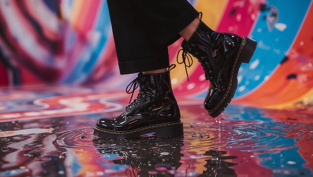 Close up patent leather boots in abstract colourful energetic environment