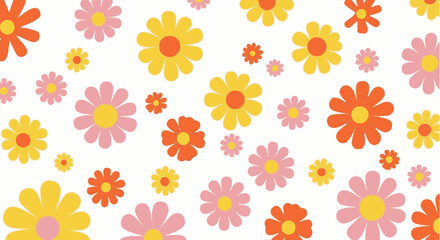 Obraz premium Seamless vector pattern featuring colorful, stylized, and cheerful 60s/70s-inspired retro daisy flowers in pink, yellow, and orange on a white background, ideal for textile or digital design