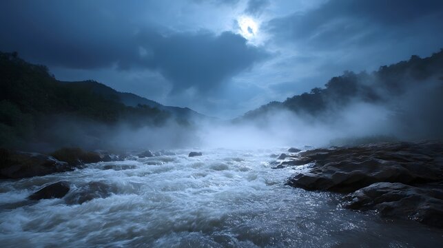 A powerful turbulent river flows through a misty valley under a dramatic moonlit sky creating an atmospheric natural landscape - Powered by Adobe