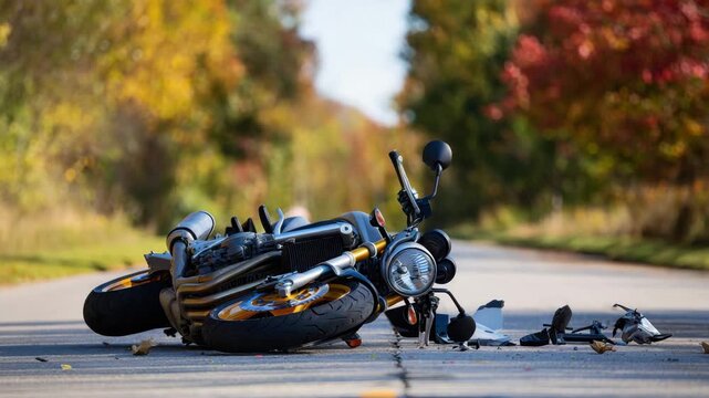 Motorcycle crash on suburban roadway, fallen bike with scattered debris, autumn foliage backdrop, roadside hazard awareness, accident insurance protection, auto insurance claim process, aid