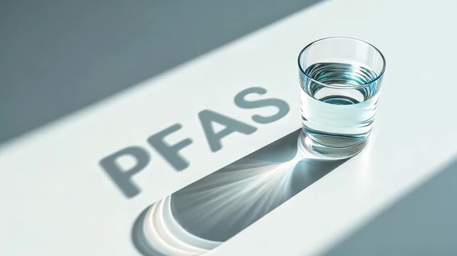 Glass of water casting PFAS shadow, toxic chemicals, contaminated drinking water, environmental pollution, health risk, clean water crisis, chemical exposure, modern contamination, water safety