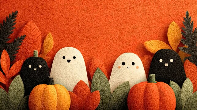 Playful Halloween Decoration Flat Lay: Pumpkins, Leaves, Ghosts on Brown Background with Central Text Space, Festive Marketing Template
