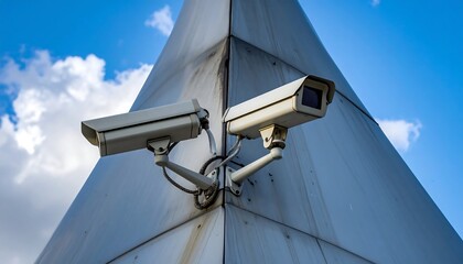 Two security cameras mounted on a metallic structure against a cloudy blue sky, a corner perspective