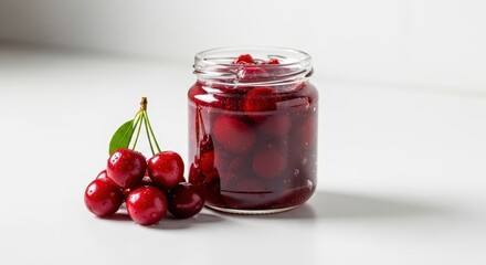 Jar of preserved red cherries with fresh cluster on white surface